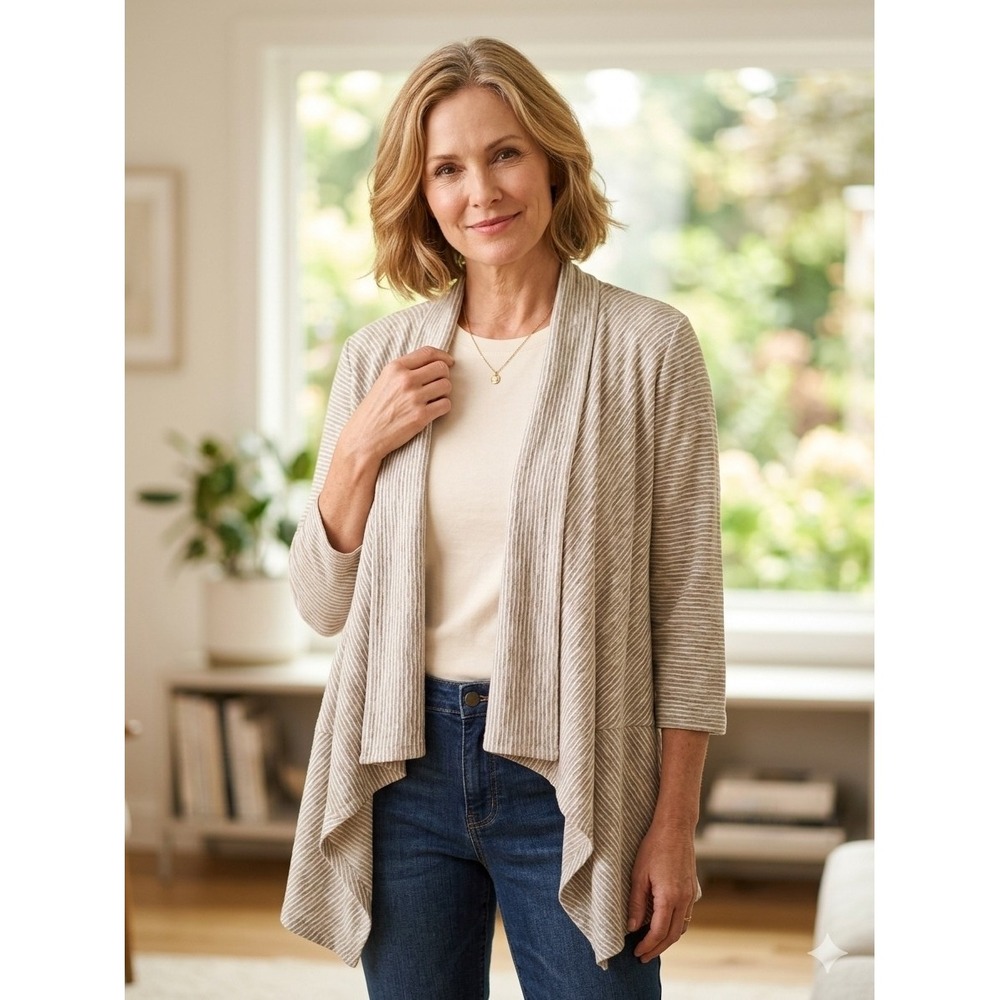 Chico's Lightweight Cardigan Striped Woman Size 3 (US XL) Taupe Gray Waterfall